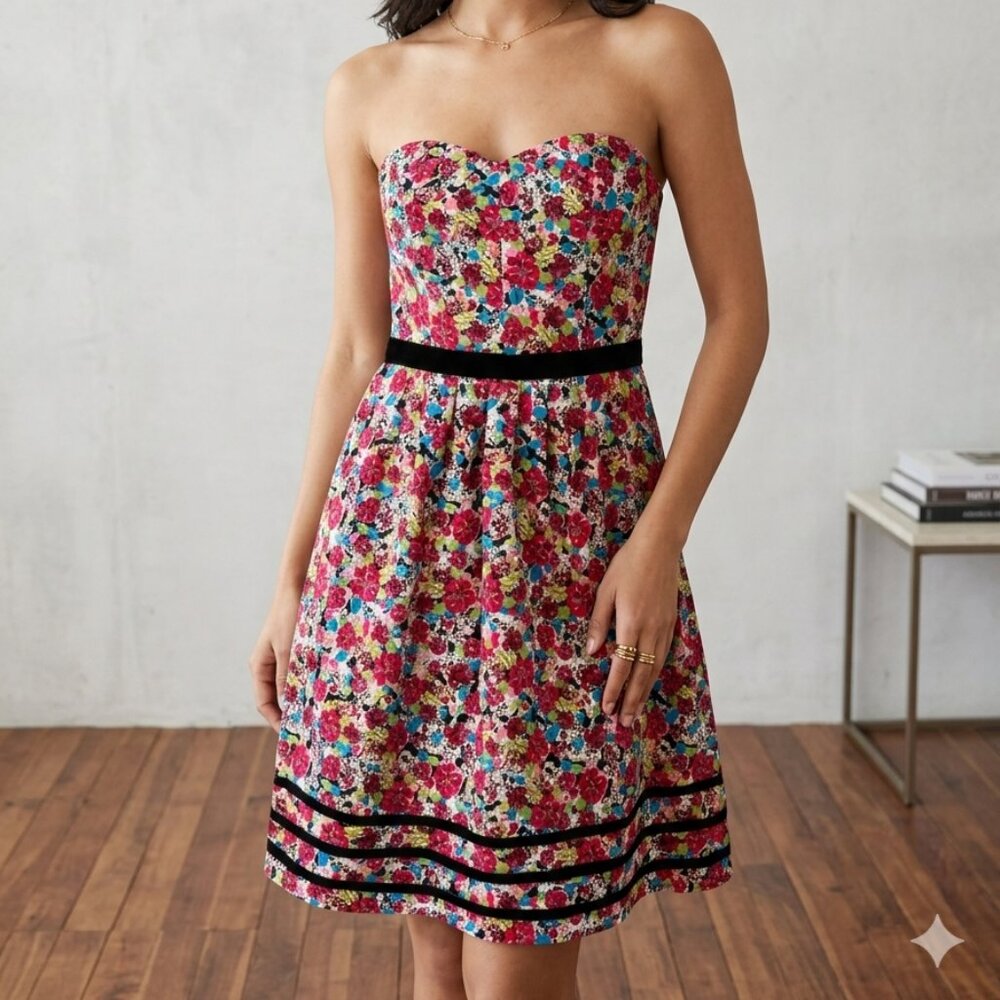 Romy Floral Strapless Sweetheart Dress with Velvet Trim - Size M